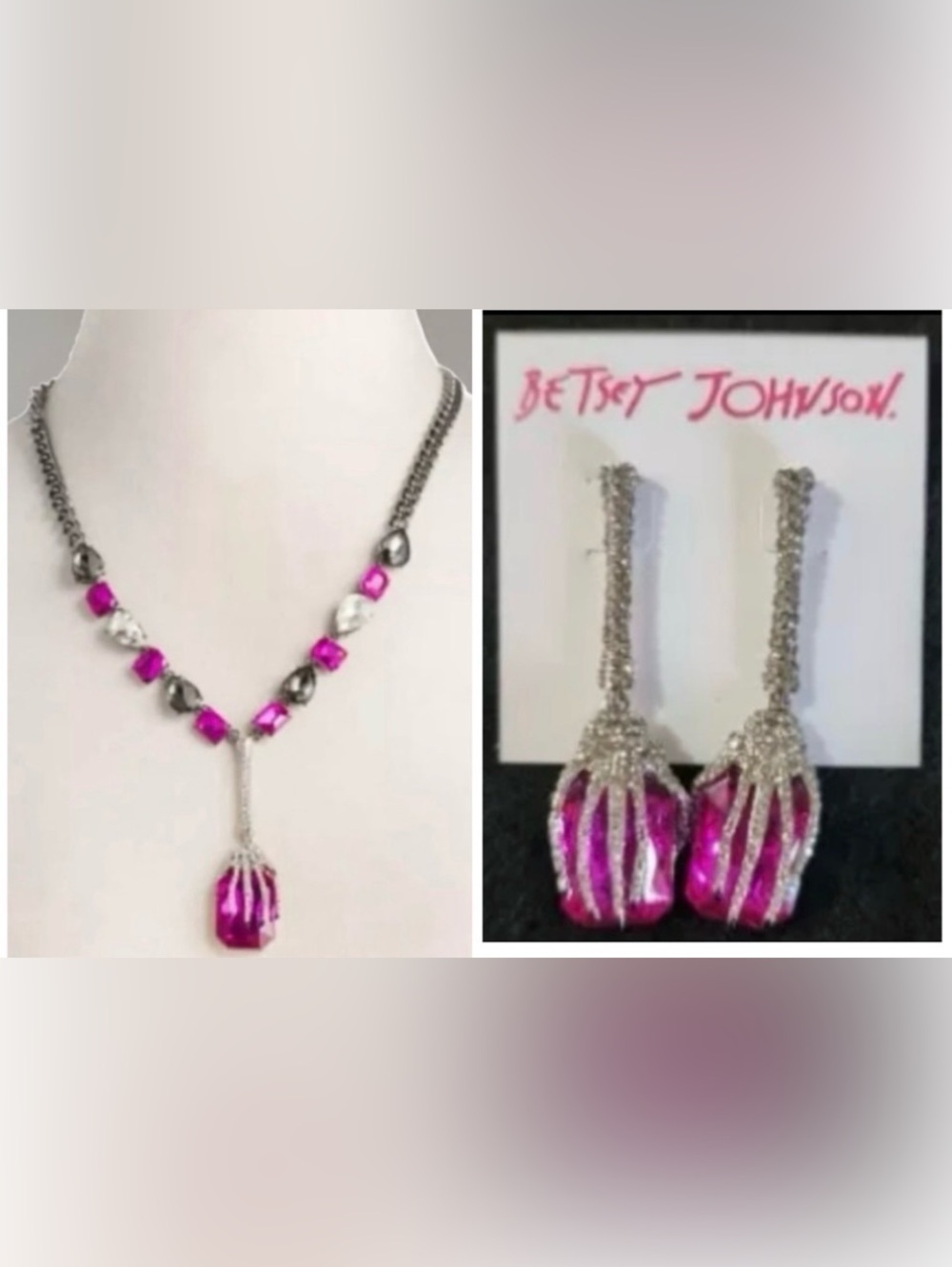 BETSEY JOHNSON SET Skeleton Hand Clutching Pink Gem Necklace & Earrings NEW NWT